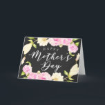 Pink White Floral Wreath Mother's Day Holiday Card<br><div class="desc">Pretty mother's day card featuring hand painted watercolor flowers of magnolia and camellia arranged like a wreath around the text that says "happy mother's day" against a black background. Elegant and  feminine design.</div>