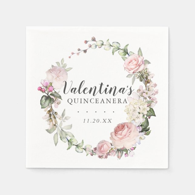 Pink White Floral Wreath Quinceanera Napkins (Front)