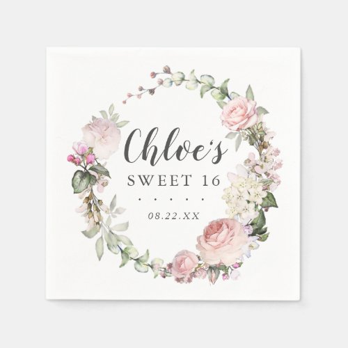 Pink White Floral Wreath Sweet 16 Party Napkins