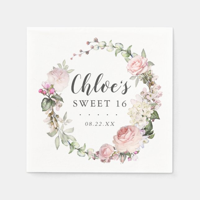 Pink White Floral Wreath Sweet 16 Party Napkins (Front)