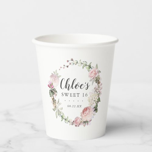 Pink White Floral Wreath Sweet 16 Party Paper Cups