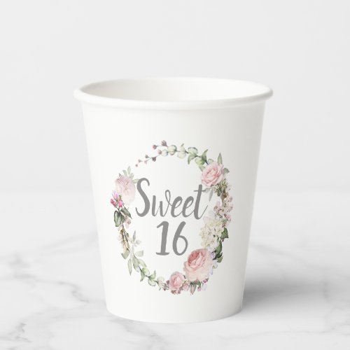 Pink White Floral Wreath Sweet 16 Party Paper Cups