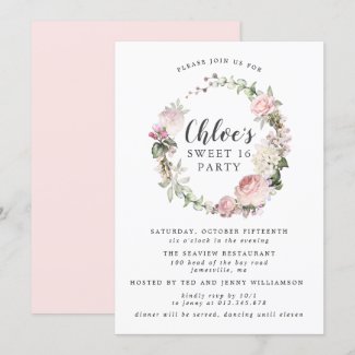Pink White Floral Wreath Sweet Sixteen Party Invitation