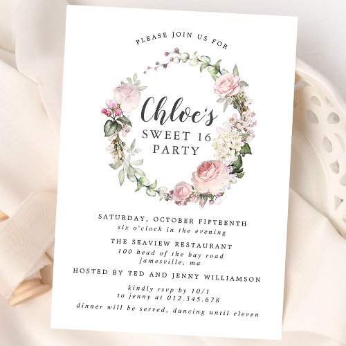 Pink White Floral Wreath Sweet Sixteen Party Invitation
