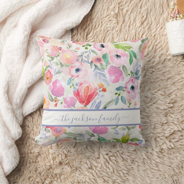 Pink white florals boho family name script throw pillow (Blanket)
