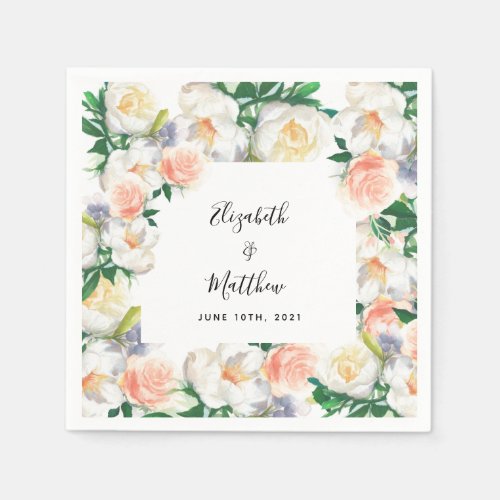 Pink white florals elegant names wedding napkins