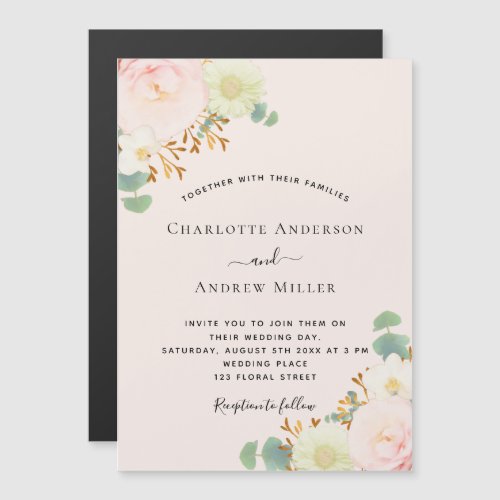 Pink white florals greenery wedding magnetic invitation