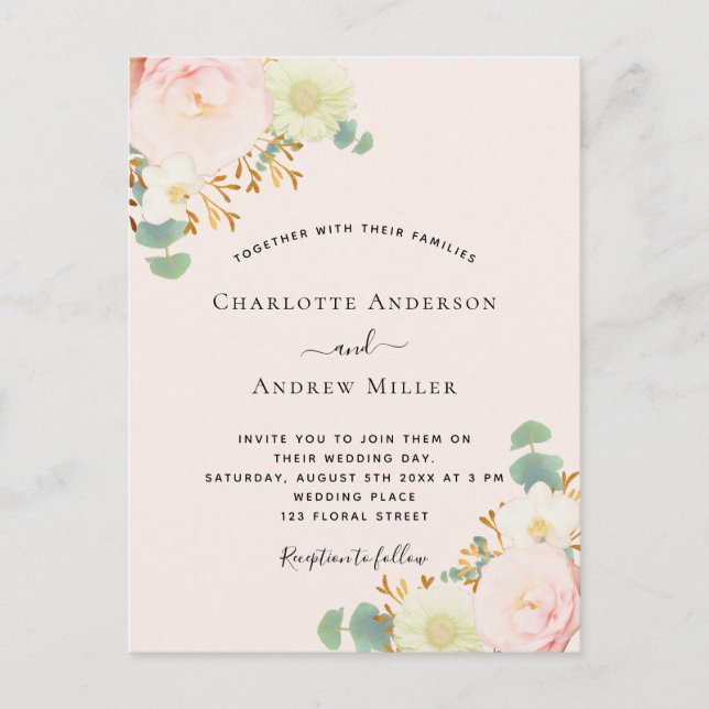 Pink white florals rose gold wedding postcard (Front)
