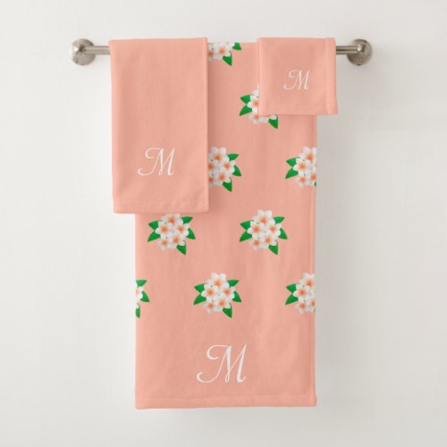 Pink White Flower Pattern  Monogram on Coral Pink Bath Towel Set