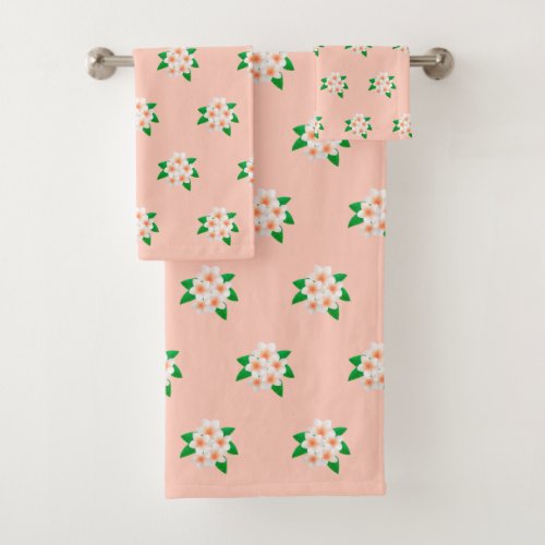 Pink White Flower Pattern on Coral Pink Bath Towel Set