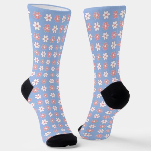 Pink  White Flower Pattern on Light Sky Blue Socks