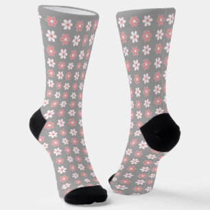 Pink & White Flower Pattern on Silver Gray Socks
