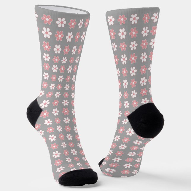 Pink & White Flower Pattern on Silver Gray Socks (Angled)