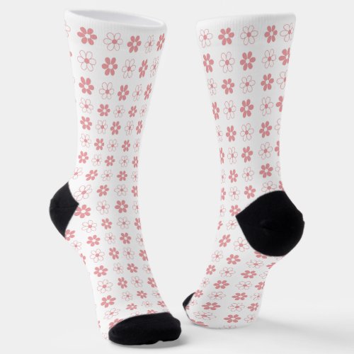 Pink  White Flower Pattern on White Socks