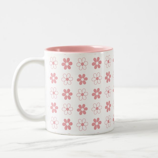 Pink & White Flower Pattern on White Two-Tone Coffee Mug (Left)