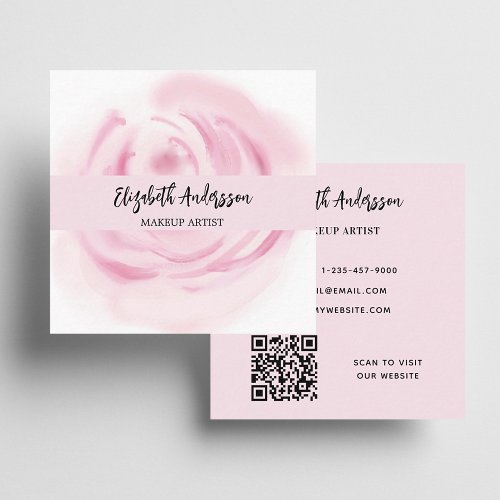 Pink white flower photo QR logo Square Business Card