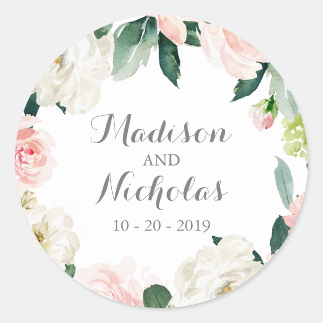 Pink White Flower Wedding Envelope Seal Stickers (Front)