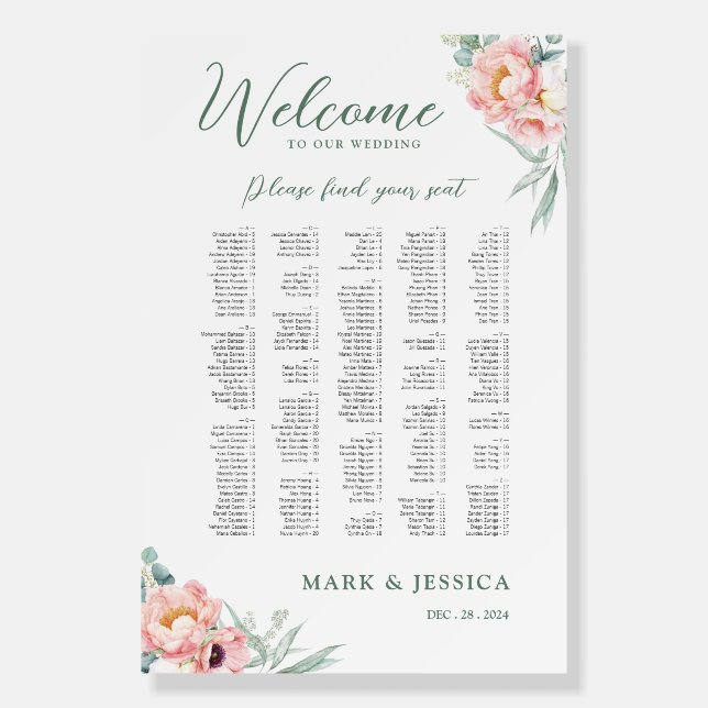 Pink White Flower Wedding Welcome Seating Chart Foam Board (Front)
