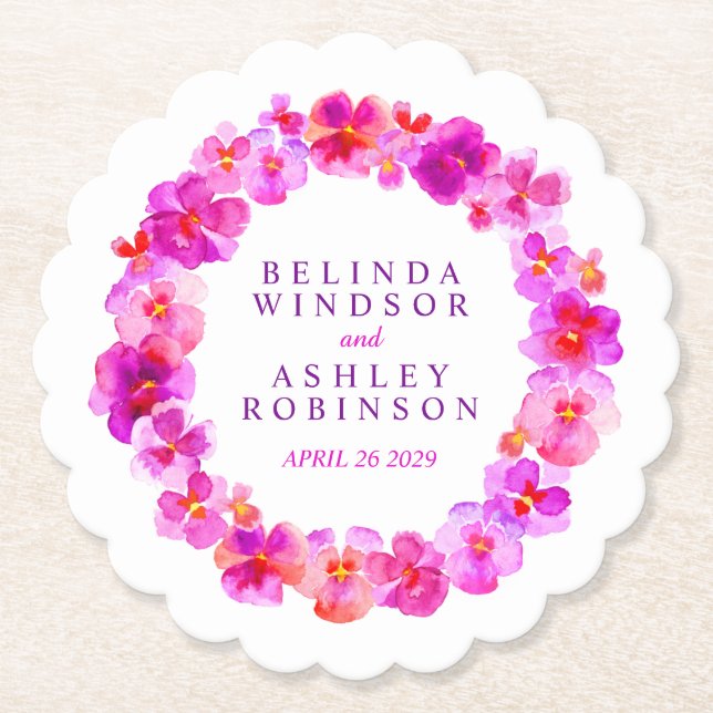 Pink white flower wreath watercolor art coasters (Front)