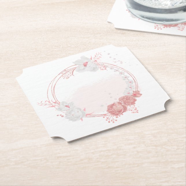 pink & white flowers botanical wedding paper coaster (Angled)