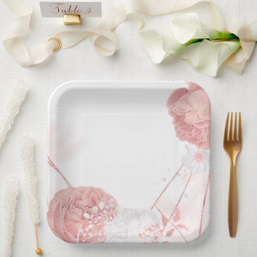 pink  white flowers botanical wedding paper plates