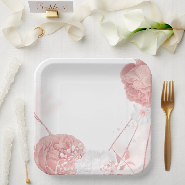 pink & white flowers botanical wedding paper plates (Wedding)