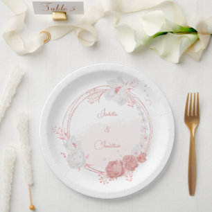 pink & white flowers botanical wedding paper plates