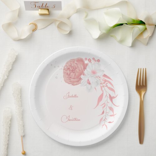 pink  white flowers botanical wedding paper plates