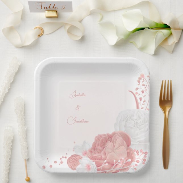 pink & white flowers botanical wedding paper plates (Wedding)