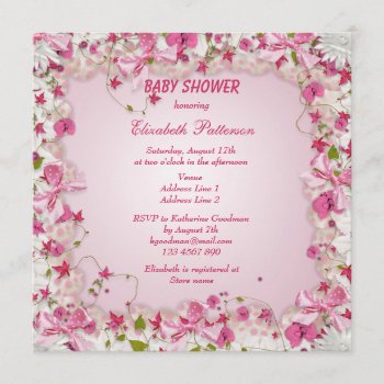 Pink & White Flowers & Bows Baby Girl Shower Invitation by GroovyGraphics at Zazzle