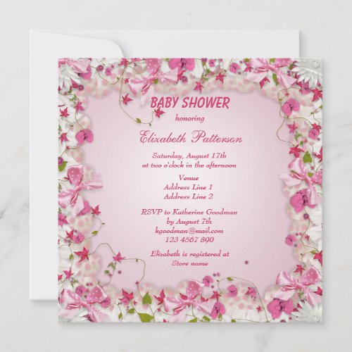 Pink  White Flowers  Bows Baby Girl Shower Invitation