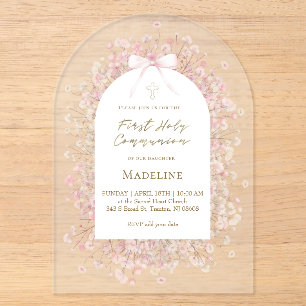 pink white flowers First Communion Acrylic Invitations