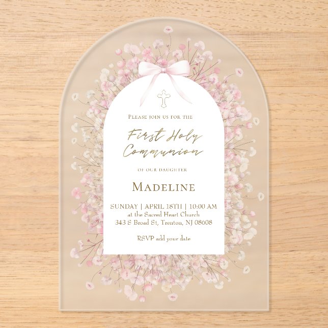 pink white flowers  First Communion Acrylic Invitations (Front)