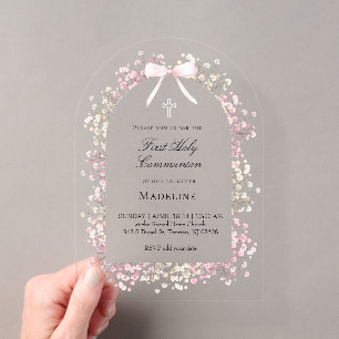pink white flowers First Communion Acrylic Invitations