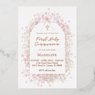 pink white flowers First Communion Foil Invitation