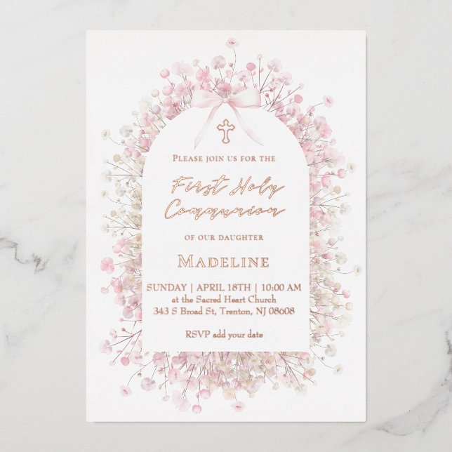 pink white flowers First Communion Foil Invitation (Front)