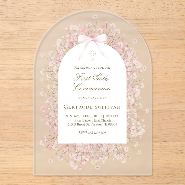 pink white flowers First Holy Communion Acrylic Invitations (Front)