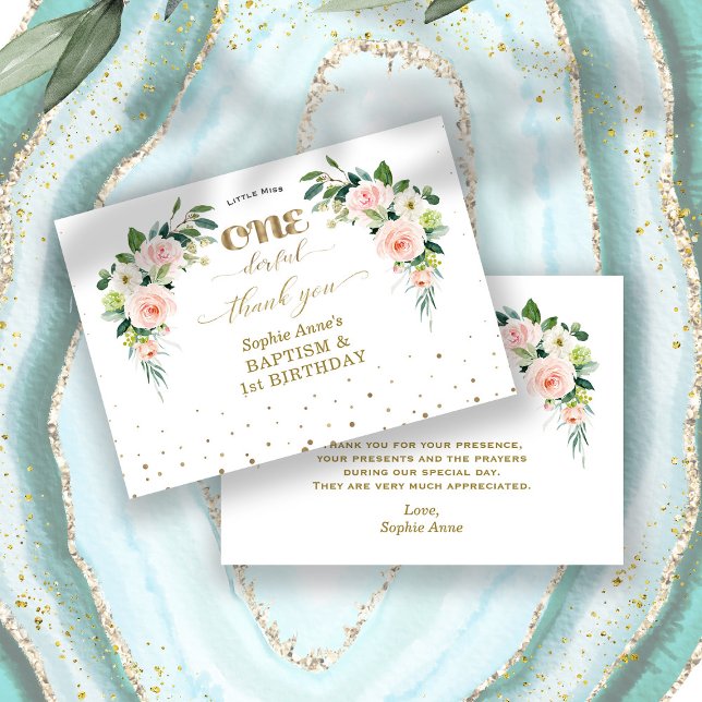 Pink White Flowers Girl 1st Birthday Baptism    Thank You Card (little miss onederful birthday, baptism, thank you card, trendy pink floral baptism 1st birthday)