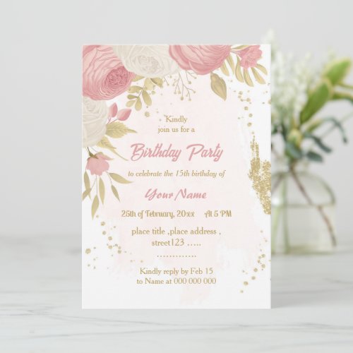 pink  white flowers gold botanical birthday party invitation