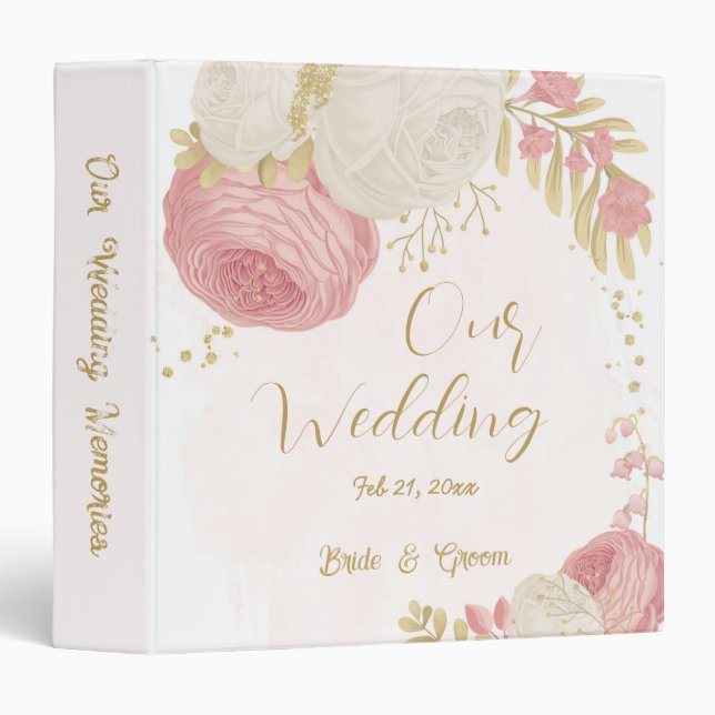 pink & white flowers gold botanical wedding album 3 ring binder (Front/Spine)