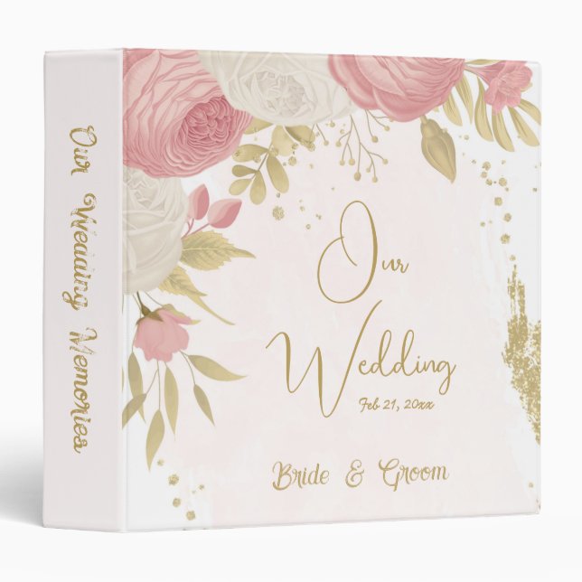 pink & white flowers gold botanical wedding album 3 ring binder (Front/Spine)