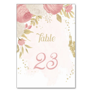 pink & white flowers gold botanical wedding table number