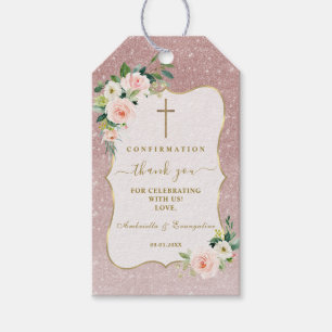 Pink White Flowers Gold Girl Confirmation Gift Tags