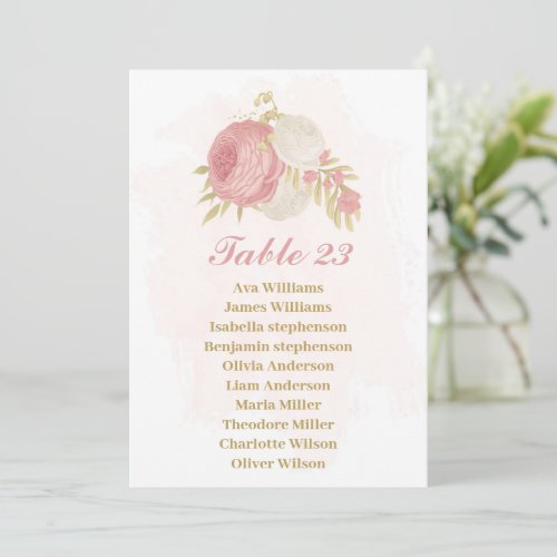 pink  white flowers gold seating chart card