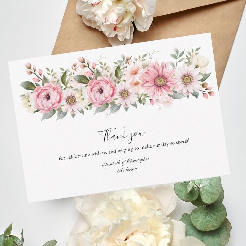 Pink White Flowers Greenery Eucalyptus Wedding Thank You Card