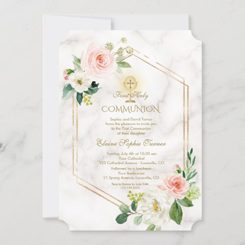 Pink White Flowers Marble Gold Holy Communion Invitation