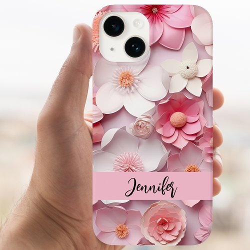 Pink white flowers name script iPhone 15 case