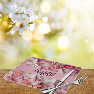Pink white flowers name script cutting board