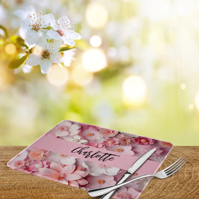 Discover Pink white flowers name script cutting board