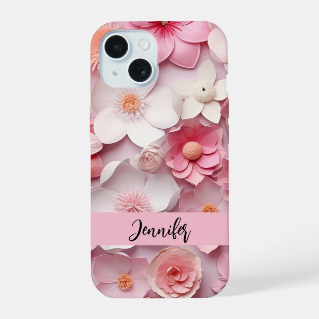 Pink white flowers name script iphone case (Back)